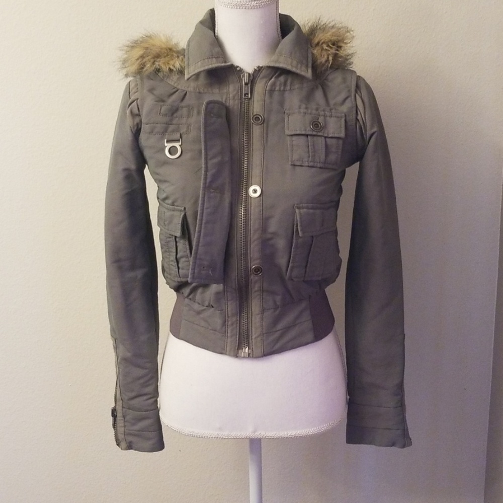 Jacket Puffy Sage Green Fur Hood Bomber